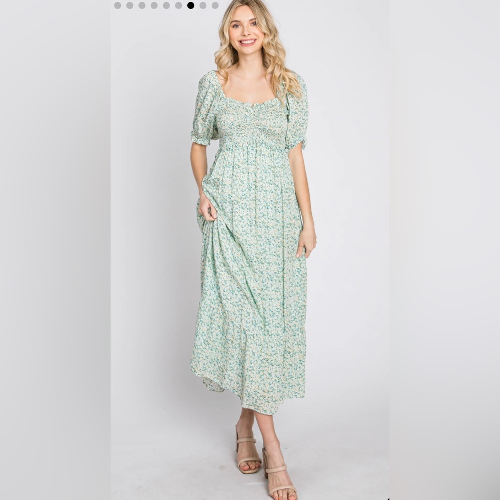 PinkBlush Mint Floral Sweetheart Neck Midi Dress
